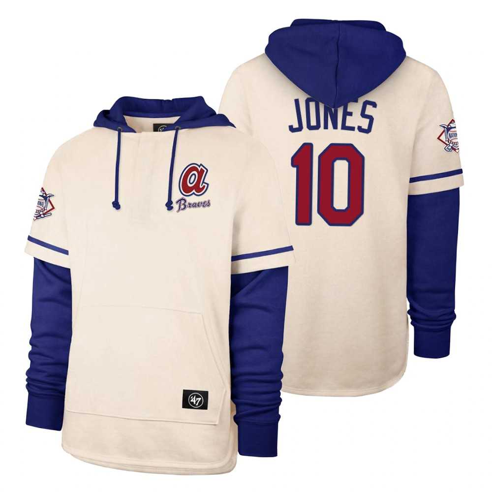Men Atlanta Braves 10 Jones Cream 2021 Pullover Hoodie MLB Jersey
